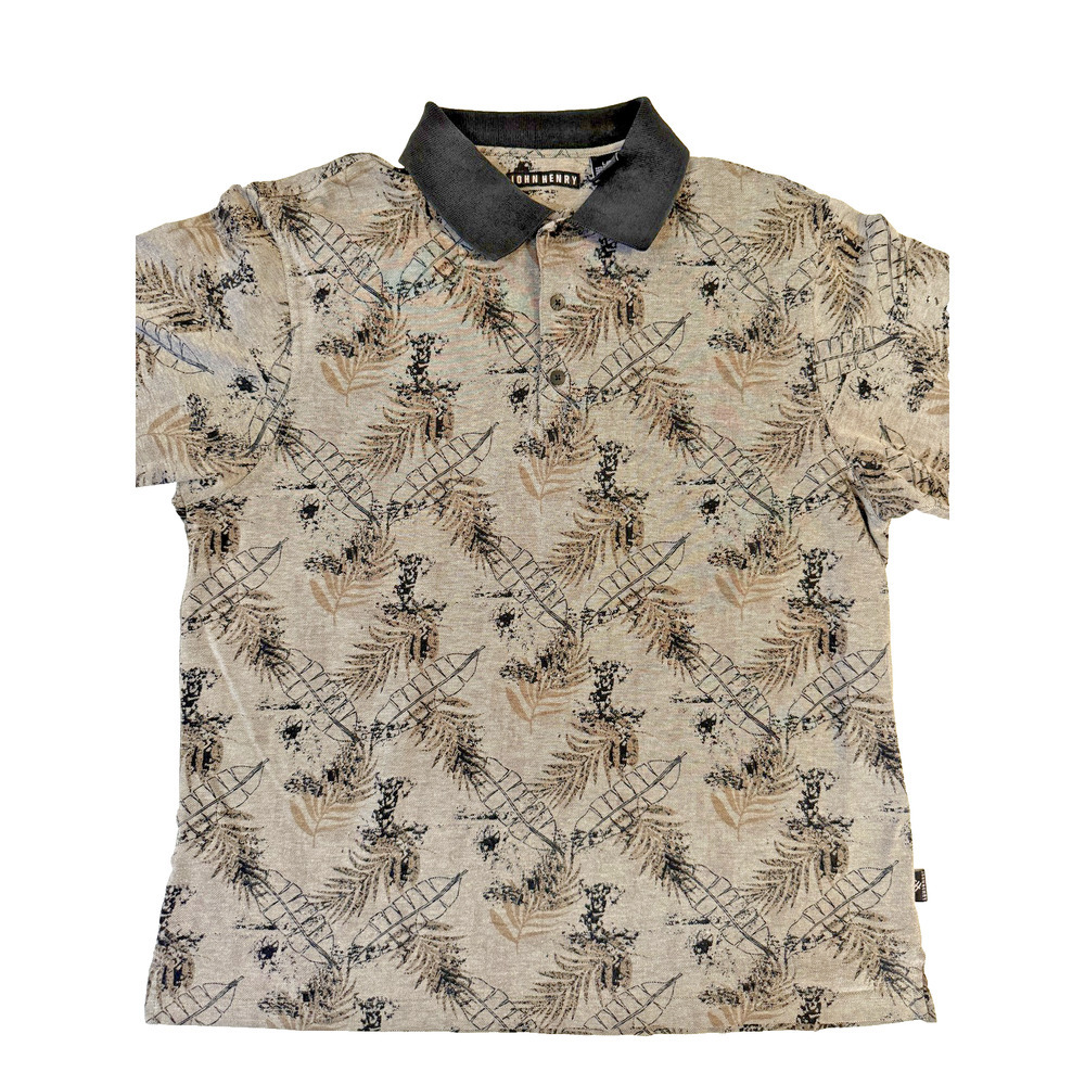 John Henry Polo Shirt Men Large Gray Black Tan Leaf Pattern Casual Retro Vintage